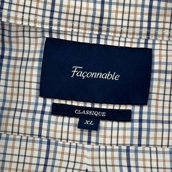 Faconnable Classique Men's Shirt button down collar blue Tan plaid all cotton XL - Picture 5 of 8